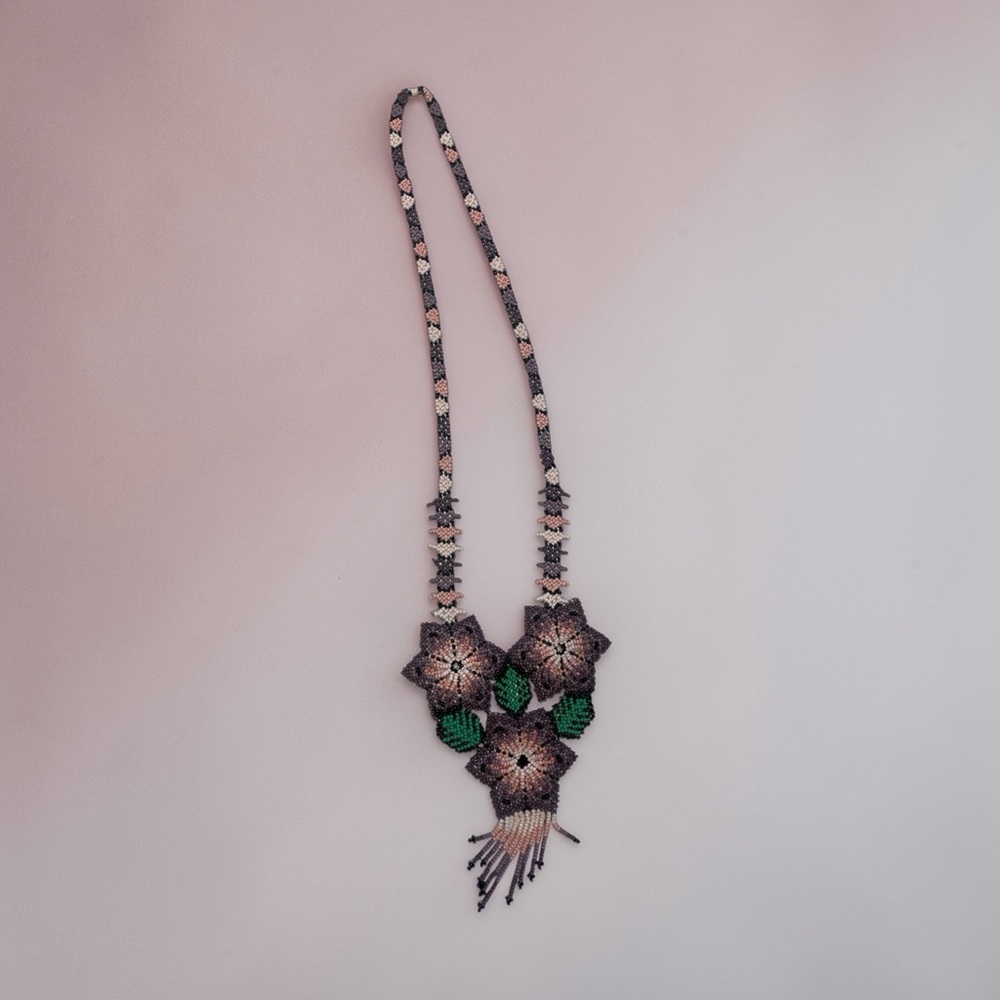 Handmade Beaded Floral Statement Necklace Mauve Pink Green Artisan Jewelry - Picture 3 of 7